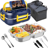 Lunch box set with compartments, food, utensils, and power adapter on a white background