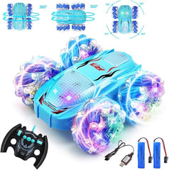 Toy car with colorful lights and accessories on a white background