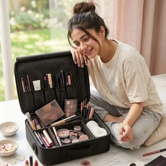 Woman with an open makeup case and various makeup products on a table.