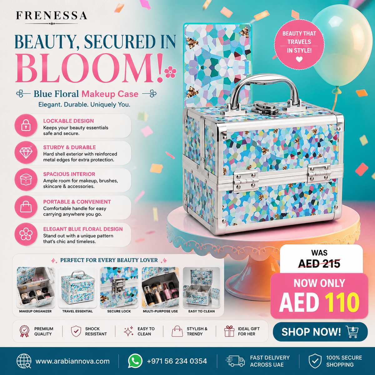 Blue Floral Makeup Case UAE | Lockable Hard Beauty Storage Box