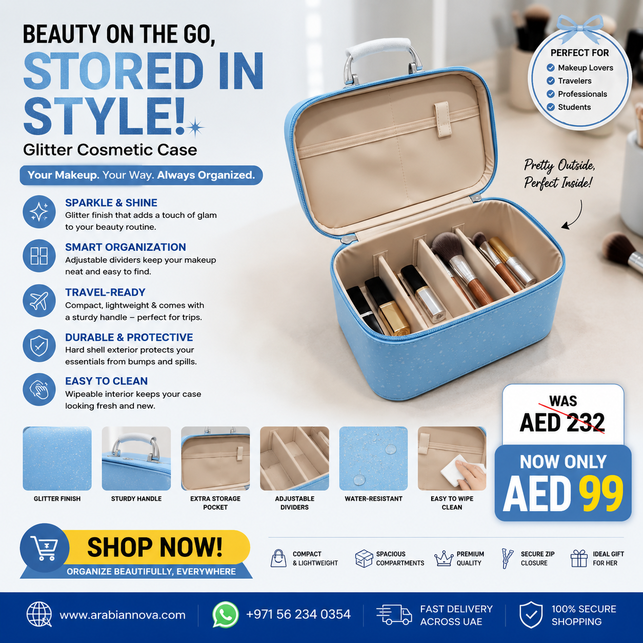 Glitter Cosmetic Case UAE | Blue Makeup Organizer & Travel Beauty Bag