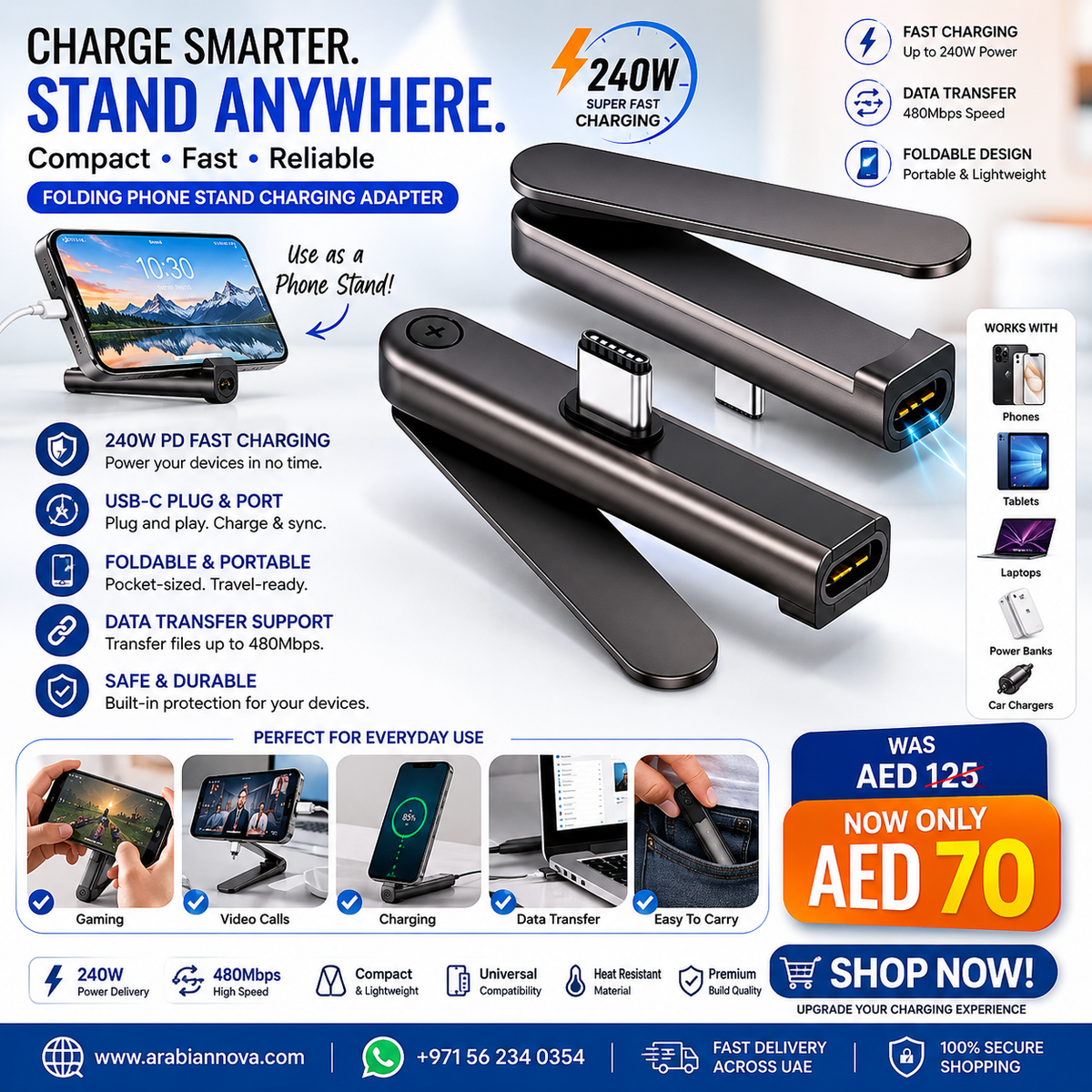 Folding Phone Stand Charging Adapter 240W UAE | USB-C Fast Charging & Data Transfer Adapter