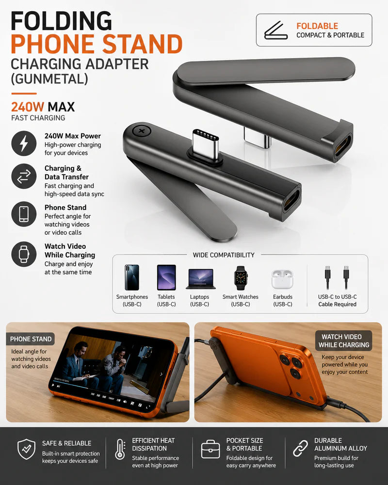 Folding Phone Stand Charging Adapter 240W UAE | USB-C Fast Charging & Data Transfer Adapter