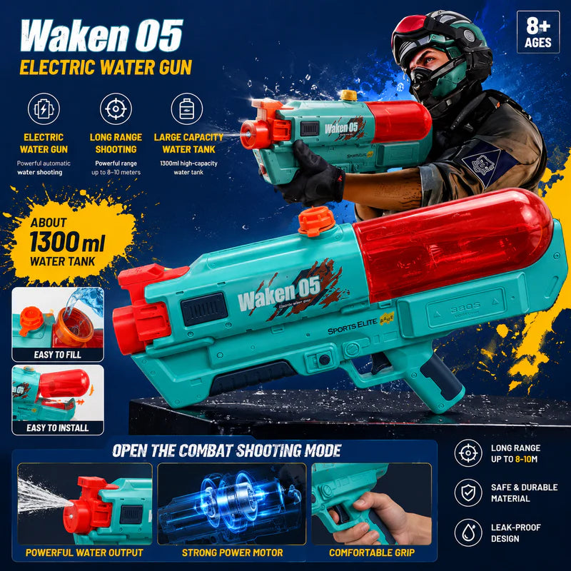 Tiger Shark Electric Water Gun – 1300ml Auto Water Blaster for Outdoor Battles