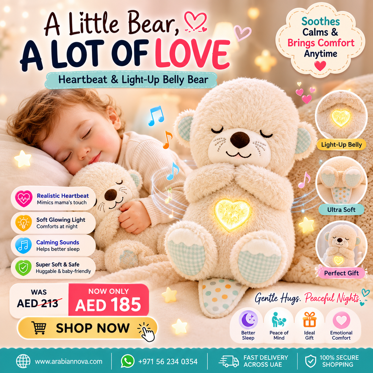 Heartbeat & Light-Up Belly Bear for Babies – Soothing Sleep Plush Toy (25cm)
