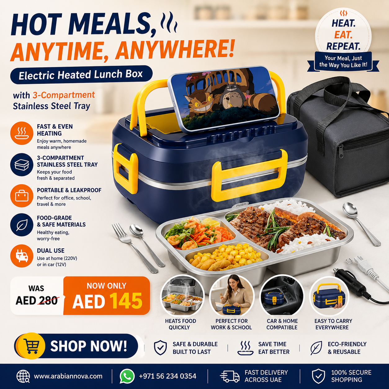 Electric Portable Heated Lunch Box, Food Warmer with 3-Compartment Stainless Steel Tray