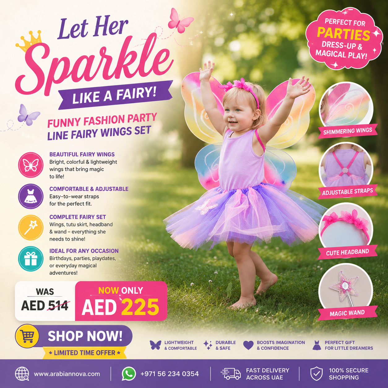 Kids Rainbow Fairy Wings Costume UAE | Funny Fashion Party Line Fairy Wings Set for Girls