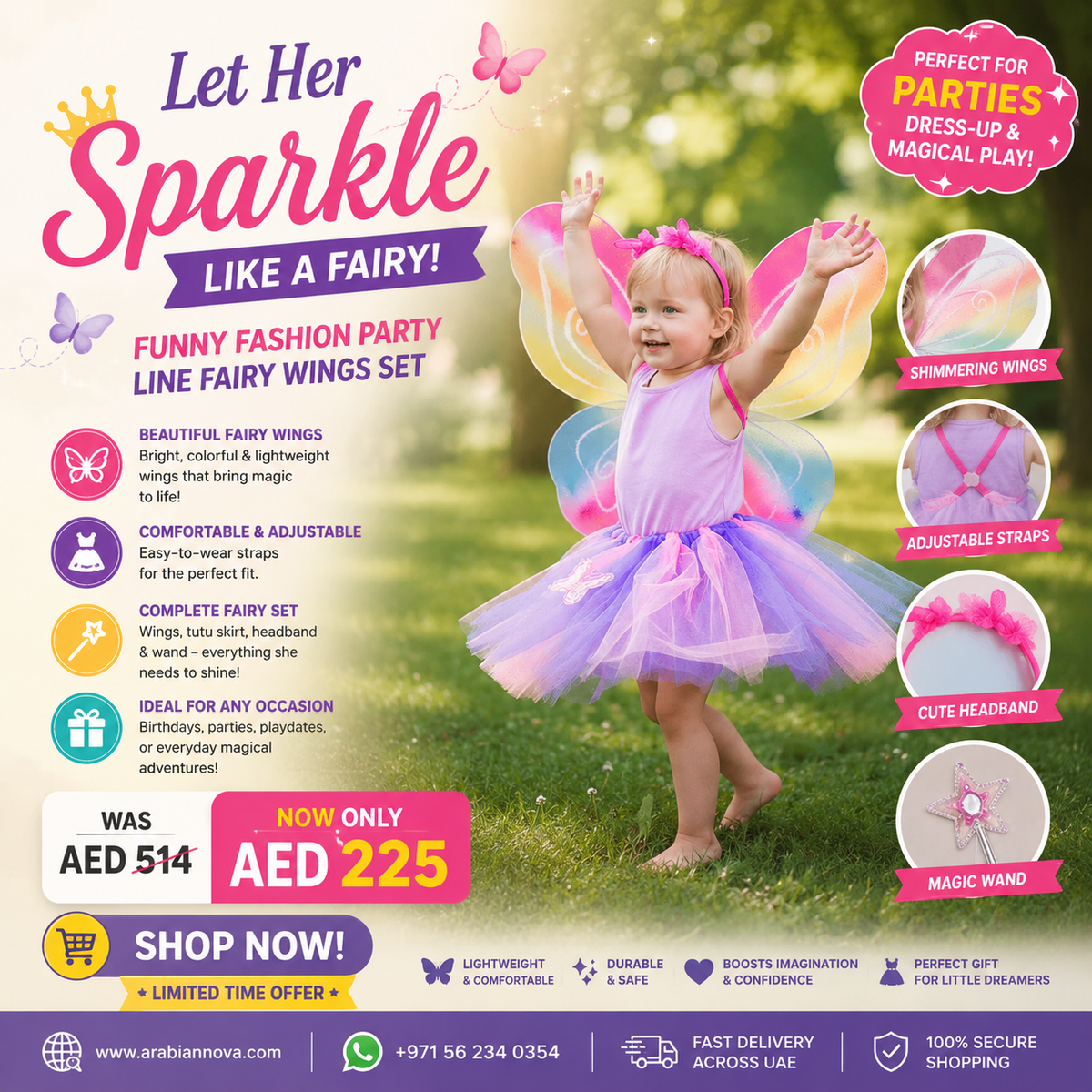 Kids Rainbow Fairy Wings Costume UAE | Funny Fashion Party Line Fairy Wings Set for Girls