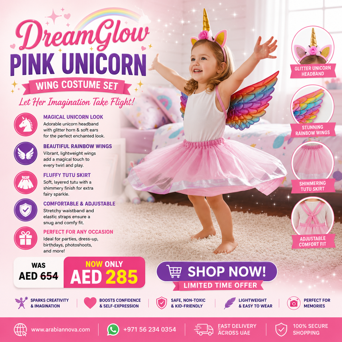 Girls Pink Unicorn Fairy Costume UAE | DreamGlow Unicorn Wing Dress-Up Set for Kids