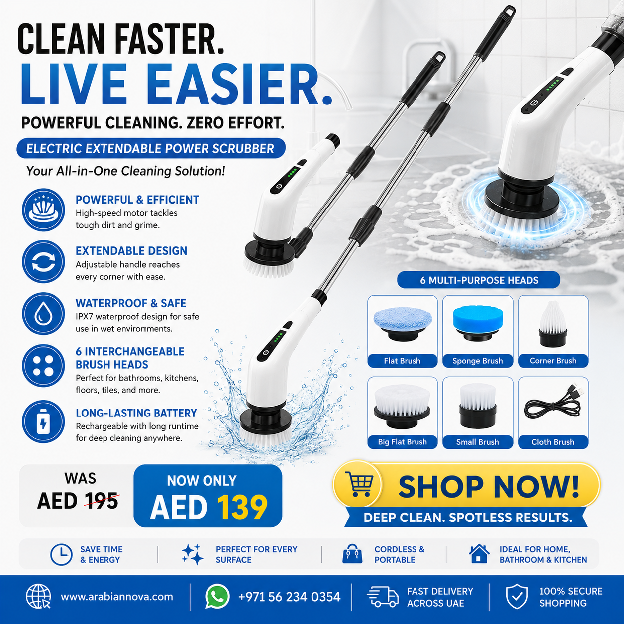 Electric Extendable Power Scrubber UAE | Multi-Head Bathroom & Kitchen Cleaning Brush