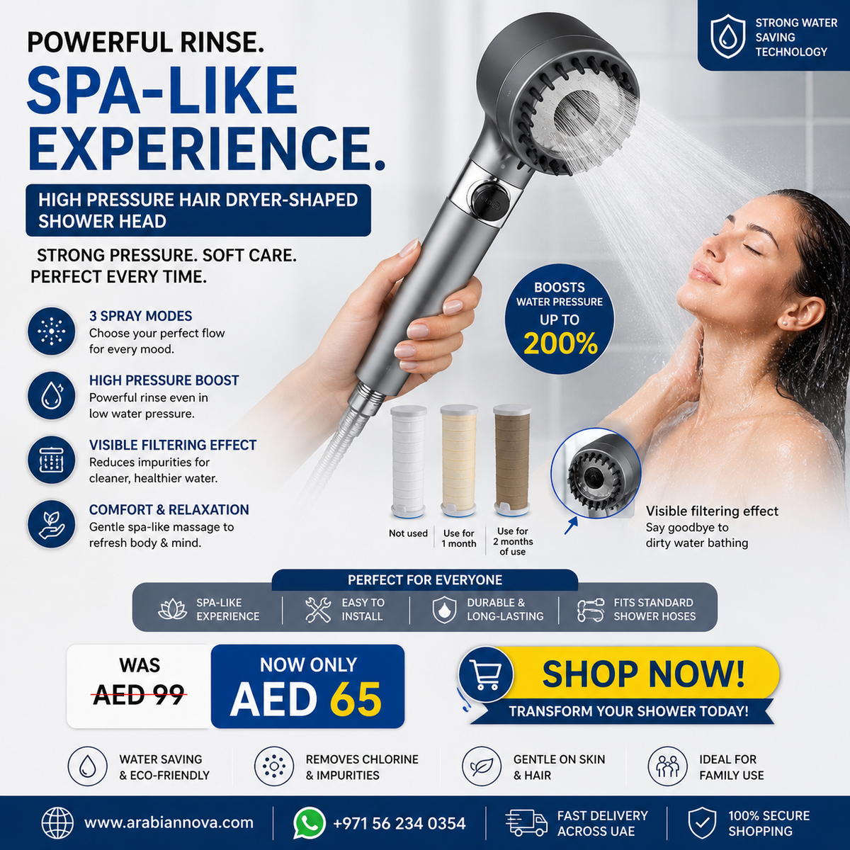 High Pressure Hair Dryer-Shaped Shower Head UAE | 3-Mode Spa Massage Shower Head