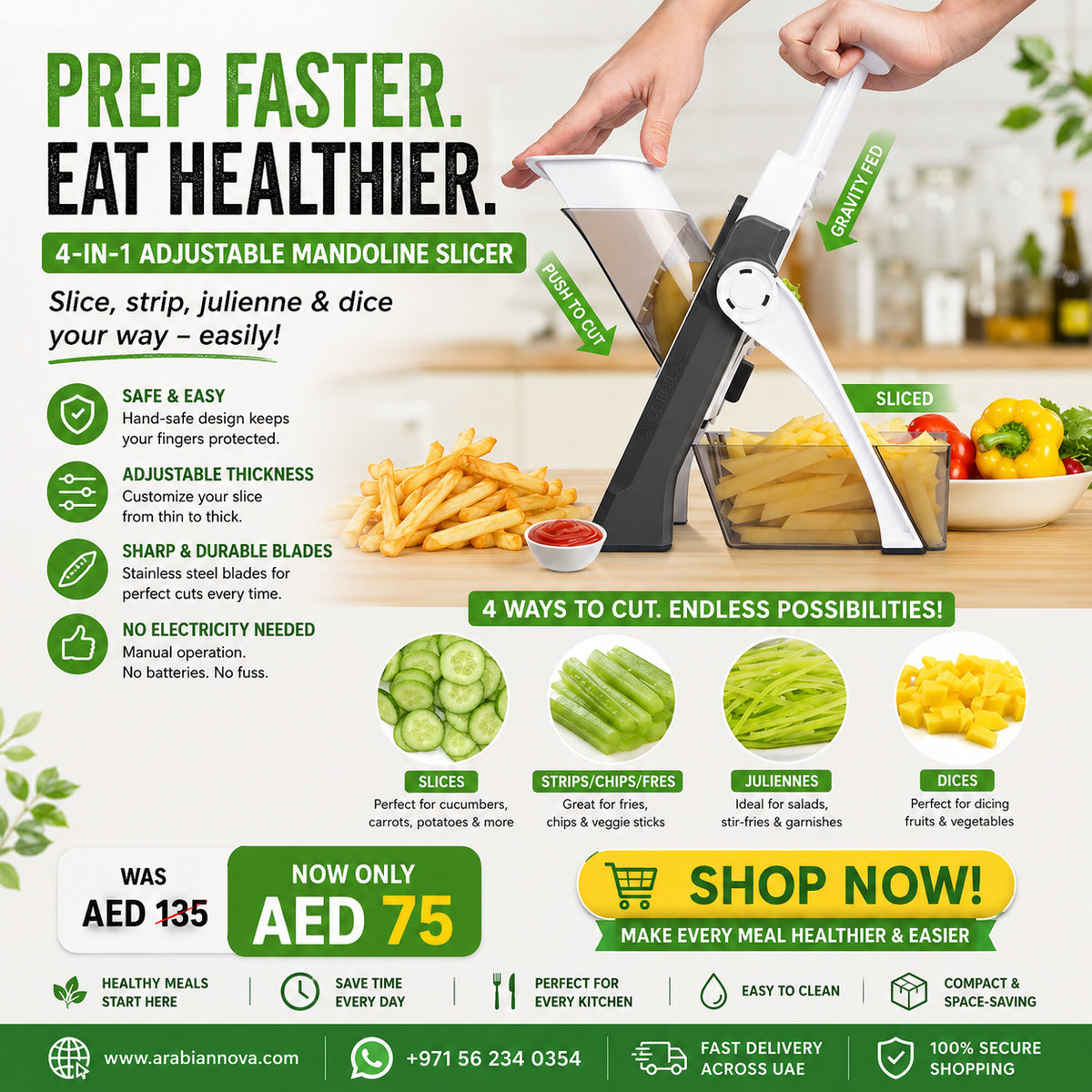 Manual Vegetable Cutter UAE | 4-in-1 Adjustable Mandoline Slicer