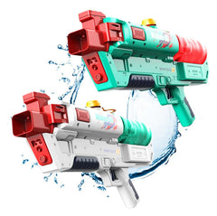 Two water guns, one green and red, the other white and red, with water splashes on a white background.