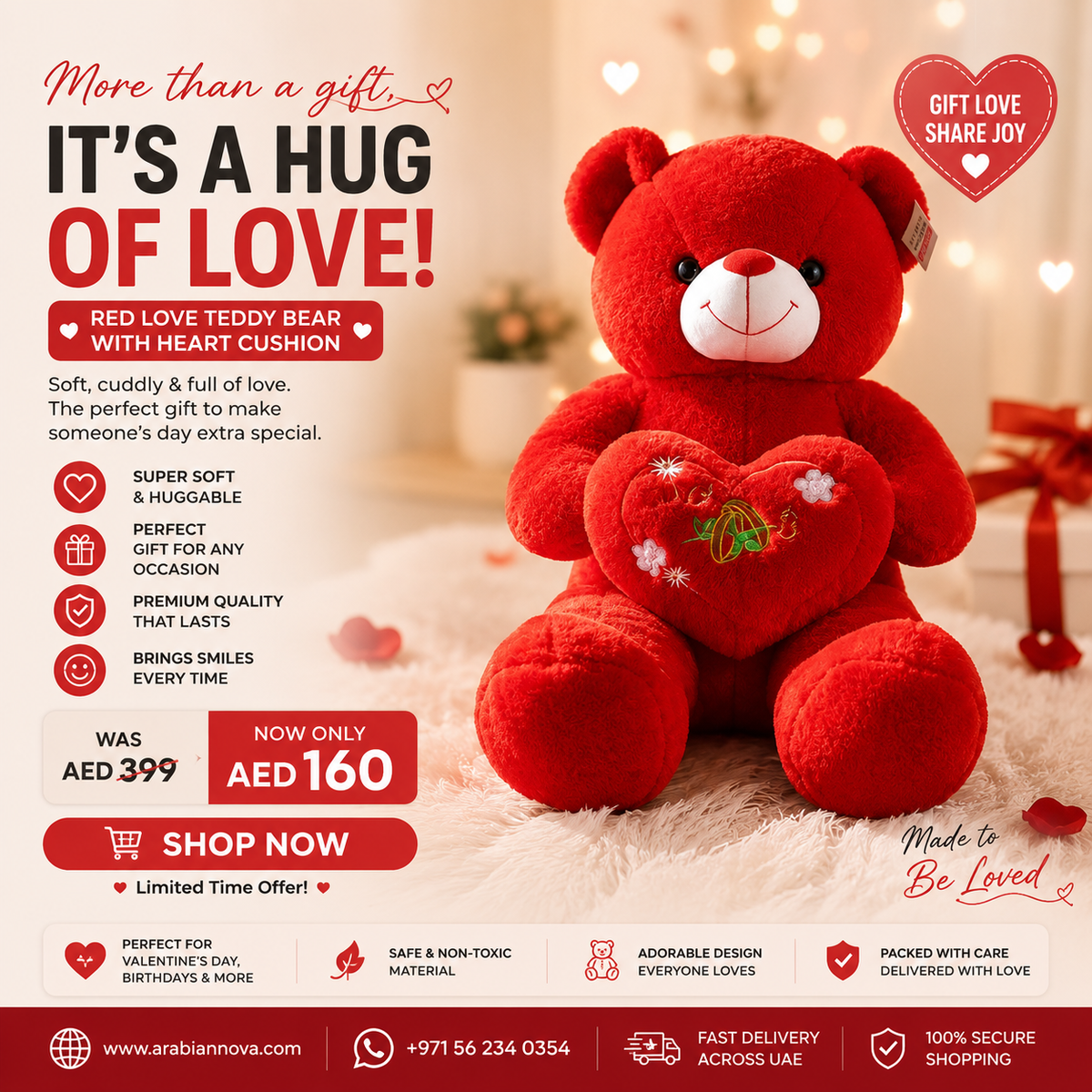 Large Red Love Teddy Bear with Heart Cushion – Premium Romantic Gift in UAE