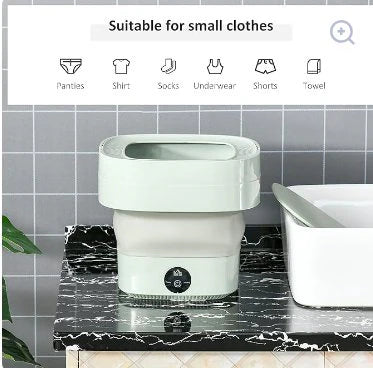 White laundry basket on a marble surface with small clothes icons above.