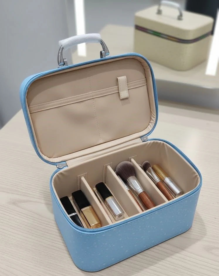 Blue makeup case with brushes on a light surface