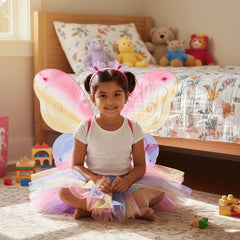 Child in fairy costume sitting on the floor with toys and bed in the background