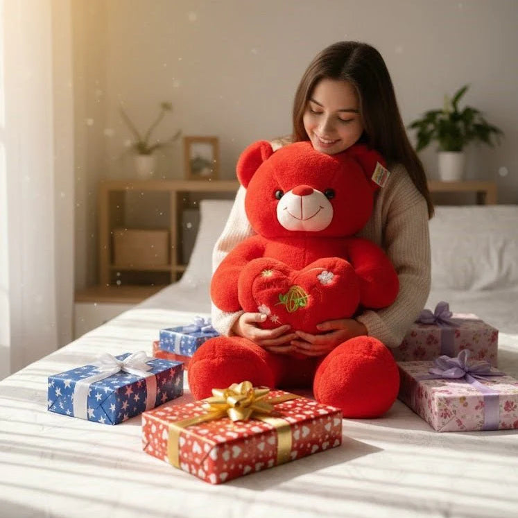 Woman holding a large red teddy bear with heart-shaped pillow surrounded by presents on a bed.