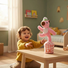 Child playing with a pink toy in a room with green walls and toys on shelves.